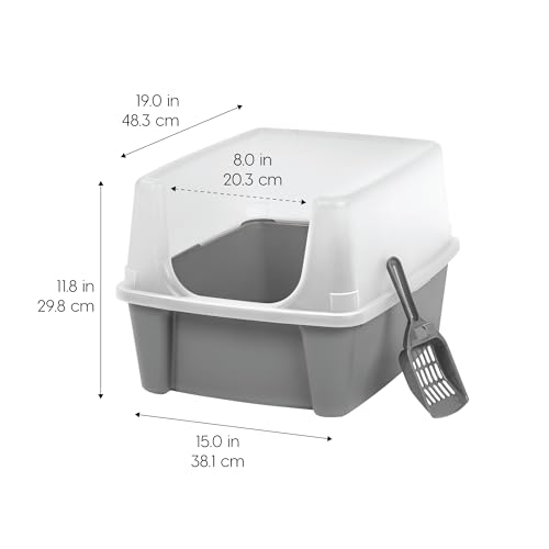 IRIS USA Large Cat Litter Box with Scatter Shield and Scoop, Open Top High Sided Cat Litter Pan, Gray/Clear