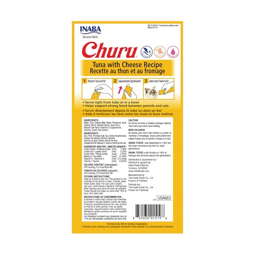 INABA Churu Cat Treats, Grain-Free, Lickable, Squeezable Creamy Purée Cat Treat/Topper with Vitamin E & Taurine, 0.5 Ounces Each Tube, 24 Tubes (4 per Pack), Tuna with Cheese Recipe