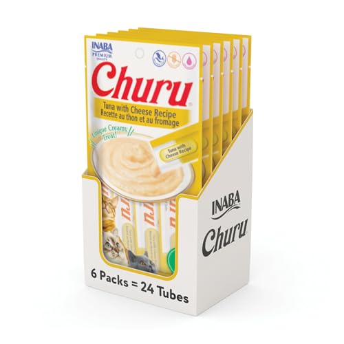 INABA Churu Cat Treats, Grain-Free, Lickable, Squeezable Creamy Purée Cat Treat/Topper with Vitamin E & Taurine, 0.5 Ounces Each Tube, 24 Tubes (4 per Pack), Tuna with Cheese Recipe