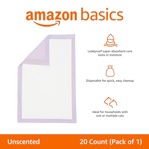 Amazon Basics Cat Litters Pee Pads, 20 Count, Universal Fit for Litter Box, Odor Control, Unscented, Purple and White