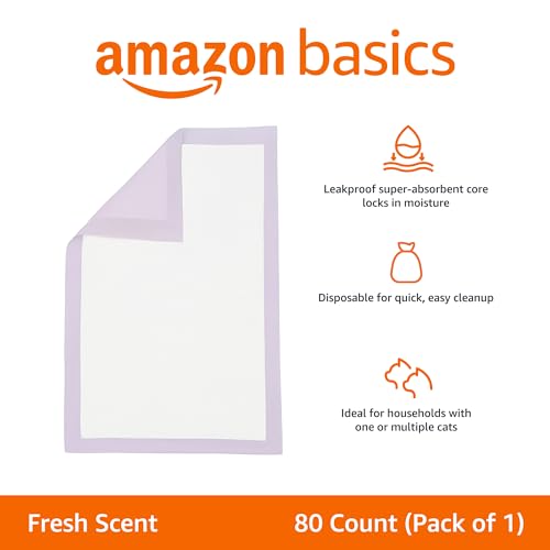 Amazon Basics Cat Pee Pads, 80 Count, Universal Fit for Litter Box, Odor Control with Fresh Scent, White/Purple
