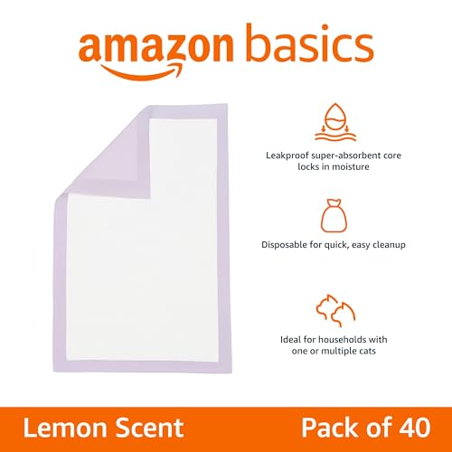 Amazon Basics Cat Litters Pee Pads, 40 Count, Universal Fit for Litter Box, Odor Control with Lemon Scent, Purple and White