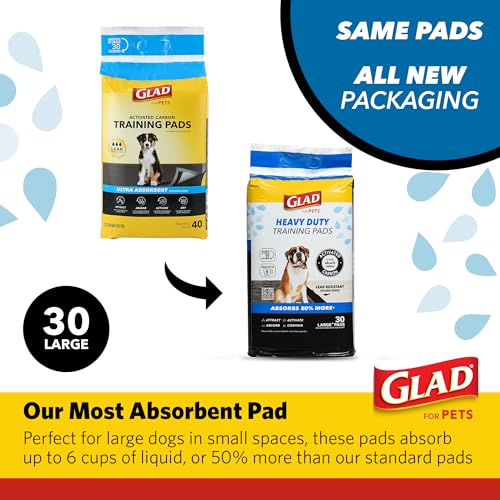 Glad for Pets XL Heavy Duty Activated Carbon Puppy Essentials Training Pads - Zero Odor, Ultra Absorbent Pads for Puppy Potty Training, Indoor Dog Potty, Pee Pads for Dogs, 24" x 24", 30 Count