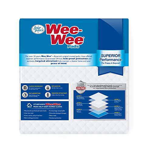 Four Paws Wee-Wee Superior Performance Unscented Pee Pads for Dogs & Puppies, Quilted Leak-Proof Dog Housebreaking Potty Training Floor Protection, 22" x 23", 30 Count