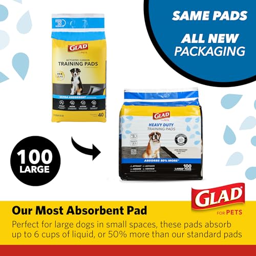 Glad for Pets Heavy Duty Activated Carbon Training Pads, 24" x 24" | Ultra Absorbent Training Pads - Absorbs 50% More Than Standard Pad; Heavy Duty Puppy Potty Training Pads, 100 Count - 4 Pack