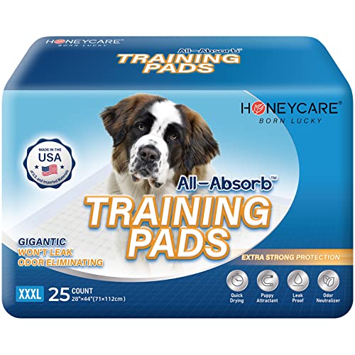 HONEY CARE All-Absorb 28"x44" Gigantic Dog and Puppy Training Pads, XXXL Dog Incontinence Training Pads, Made in The USA Dog Pee Pads(25 Count)