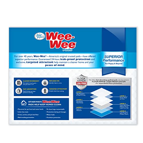 Four Paws Wee-Wee Superior Performance Unscented Pee Pads for Dogs & Puppies, Quilted Leak-Proof Dog Housebreaking Potty Training Floor Protection, 22" x 23", 200 Count