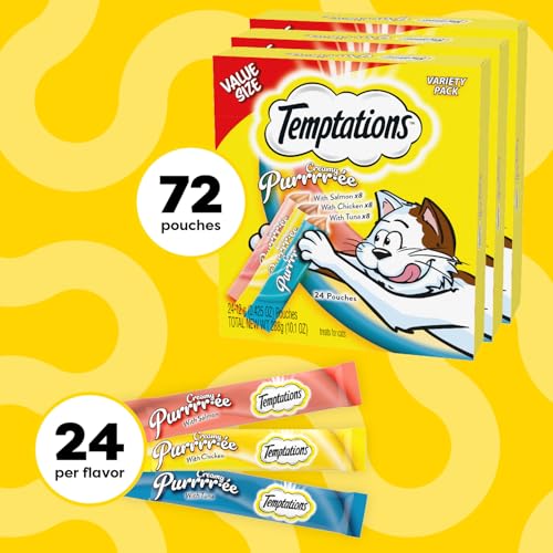 Temptations Creamy Puree with Chicken, Salmon, and Tuna Squeezable Lickable Wet Cat Treat Variety Pack, 0.42 oz. Tubes, 3 Packs of 24 (72 Total)