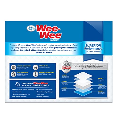 Four Paws Wee-Wee Superior Performance Unscented Pee Pads for Dogs & Puppies, Quilted Leak-Proof Dog Housebreaking Potty Training Floor Protection, 22" x 23", 150 Count