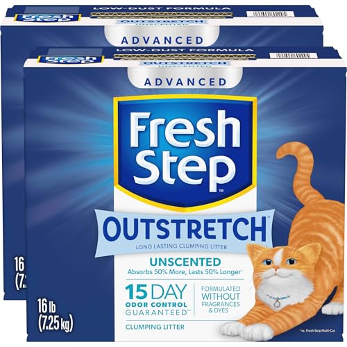 Fresh Step Outstretch Advanced Long Lasting Clumping Litter Simply Unscented, Activated Charcoal Litter Lasts 50% Longer, 32 lbs. (2 x 16 lb. Box)