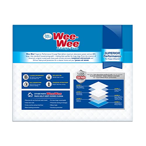 Four Paws Wee-Wee Superior Performance XL Pee Pads for Extra Large Dogs, Leak-Proof Floor Protection Dog & Puppy Quilted Potty Training Pads, Unscented, 28" x 34" (75 Count)