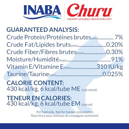 INABA Churu Cat Treats, Grain-Free, Lickable, Squeezable Creamy Purée Cat Treat/Topper with Vitamin E & Taurine, 0.5 Ounces Each Tube, 24 Tubes (4 per Pack), Tuna with Cheese Recipe