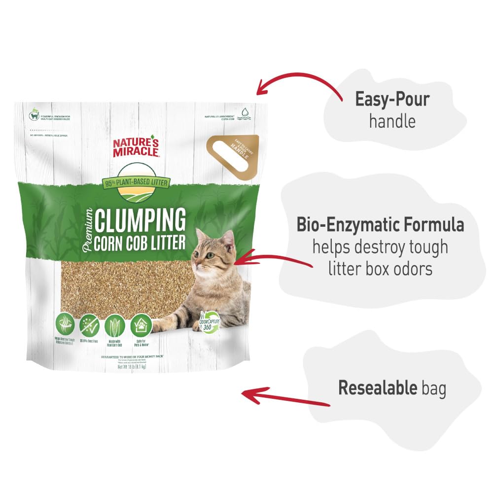 Nature's Miracle Premium Clumping Corn Cob Litter, Tough Odor Bio-Enzymatic Formula, Dust Free, 18lb (2 pack)