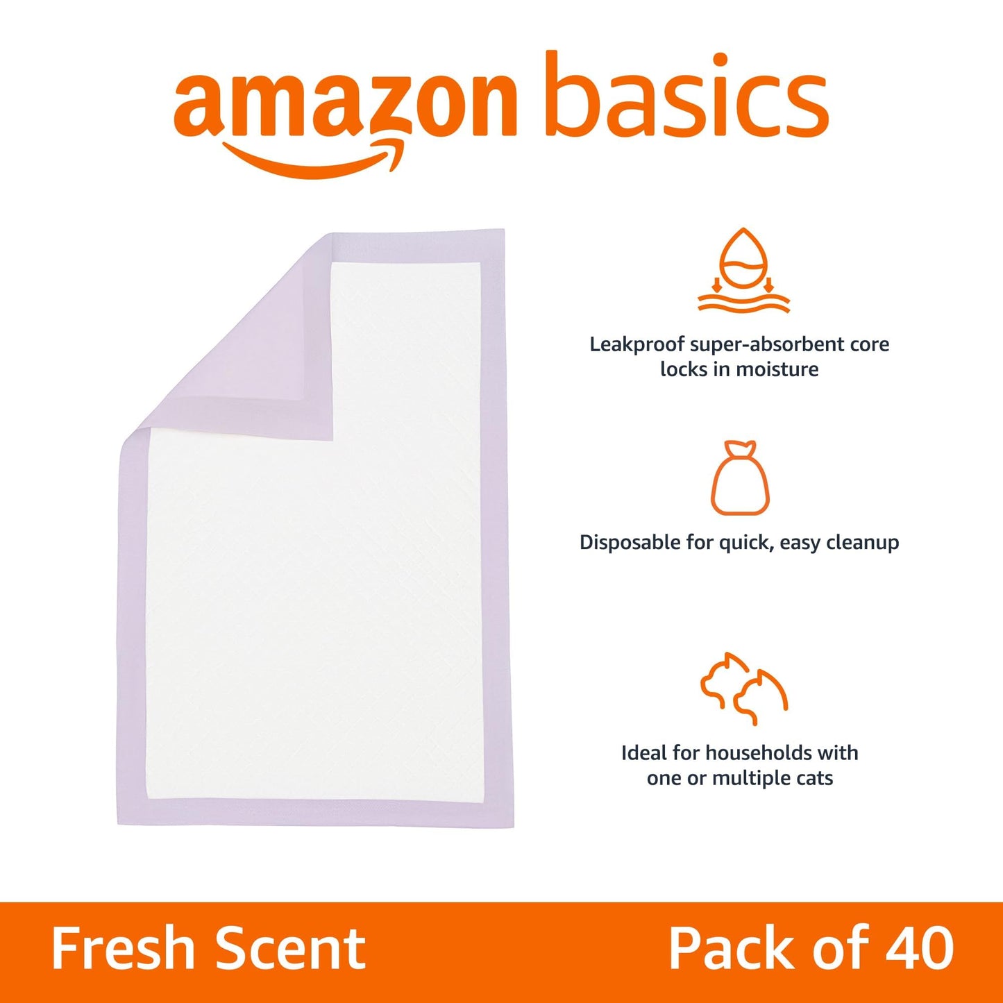 Amazon Basics Cat Litters Pee Pads, 40 Count, Universal Fit for Litter Box, Odor Control with Fresh Scent, Purple and White