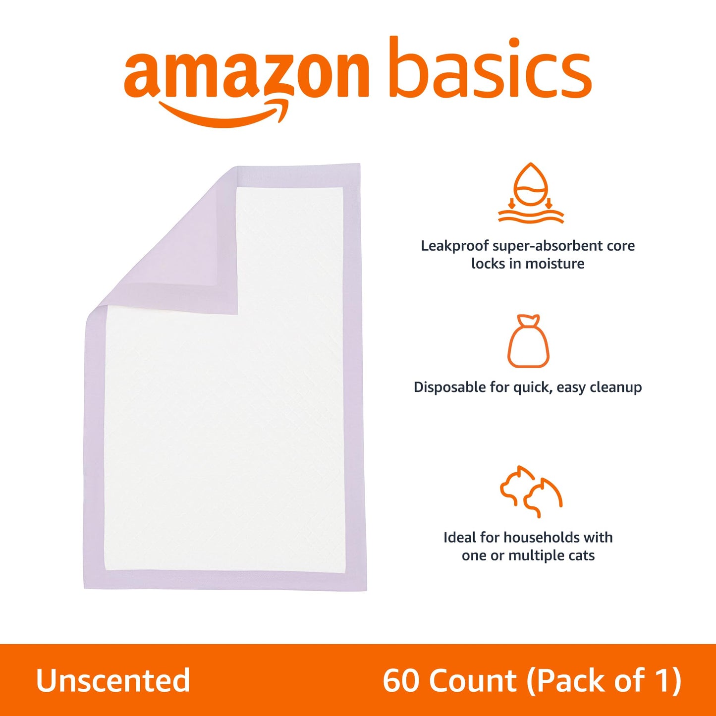 Amazon Basics Cat Pee Pads, 60 Count, Universal Fit for Litter Box, Odor Control, Unscented, White/Purple
