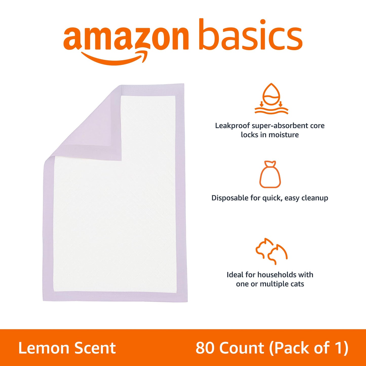 Amazon Basics Cat Pee Pads, 80 Count, Universal Fit for Litter Box, Odor Control with Lemon Scent, White/Purple