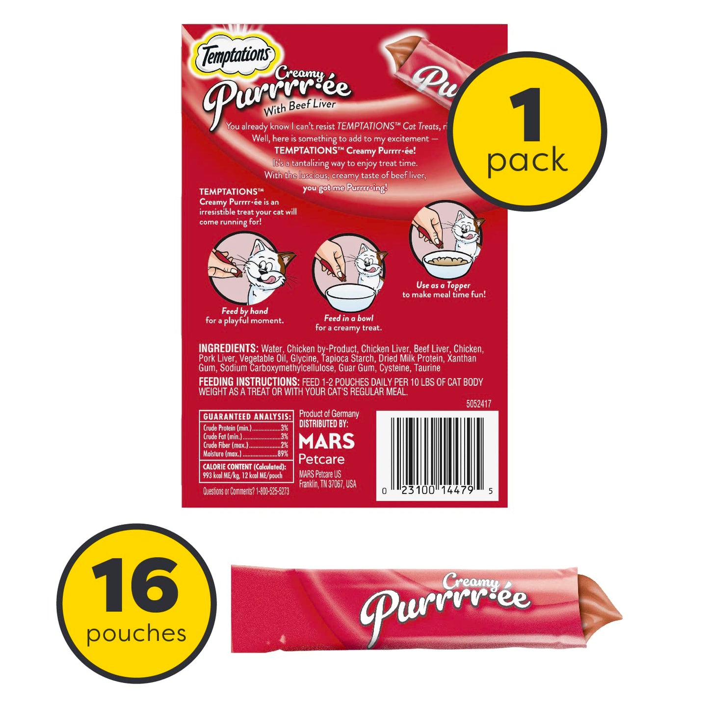 Temptations Creamy Puree with Beef Liver Lickable, Squeezable Cat Treats, 0.42 oz Pouches, 16 Count