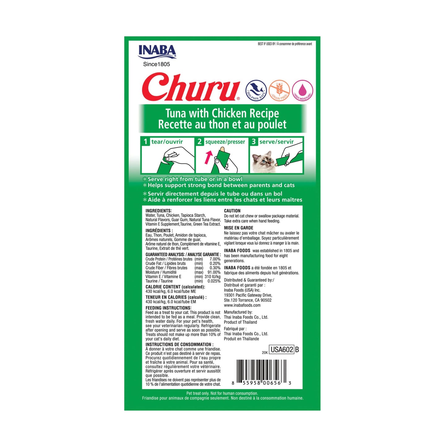 INABA Churu Cat Treats, Grain-Free, Lickable, Squeezable Creamy Purée Cat Treat/Topper with Vitamin E & Taurine, 0.5 Ounces Each Tube, 24 Tubes (4 per Pack), Tuna with Chicken Recipe