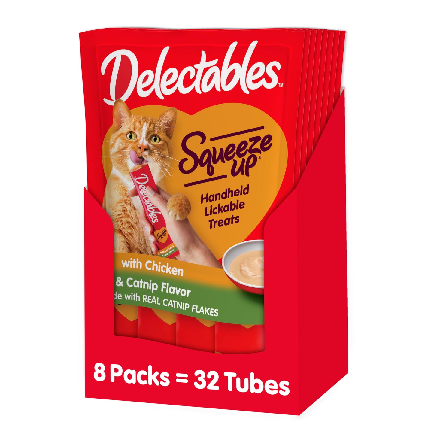 Delectables Squeeze Up Creamy Squeezable Puree, Lickable Wet Cat Treats, Grain Free, No Added Fillers, No By-Products, No Added Preservatives, 0.5 Ounces Tube Chicken with Catnip, 32 Tubes Total
