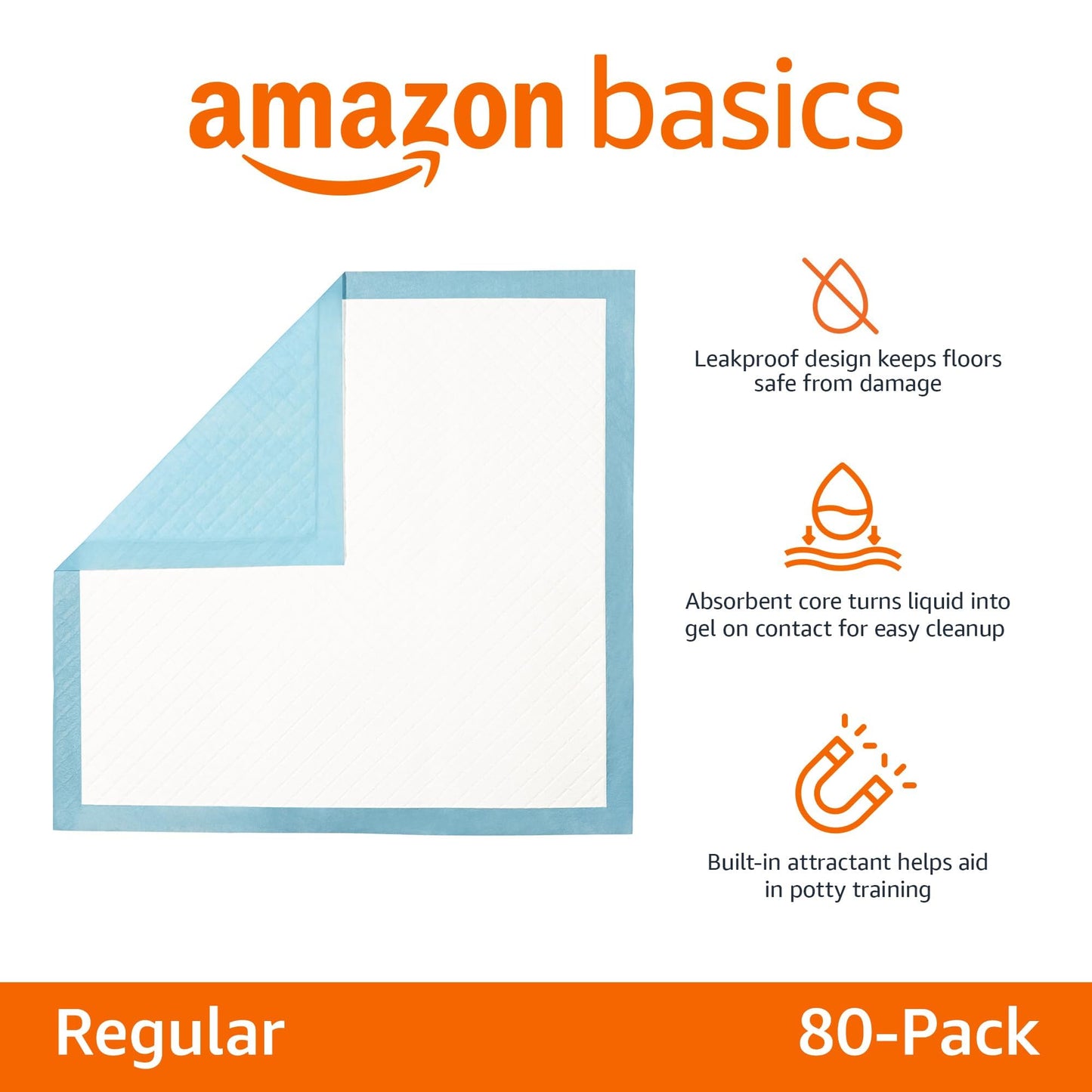 Amazon Basics Dog and Puppy Pee Pads with 5-Layer Leak-Proof Design and Quick-Dry Surface for Potty Training, Heavy Duty Absorbency, Regular, 24 x 23 Inch, Regular (80 Count), Blue & White - topratednest