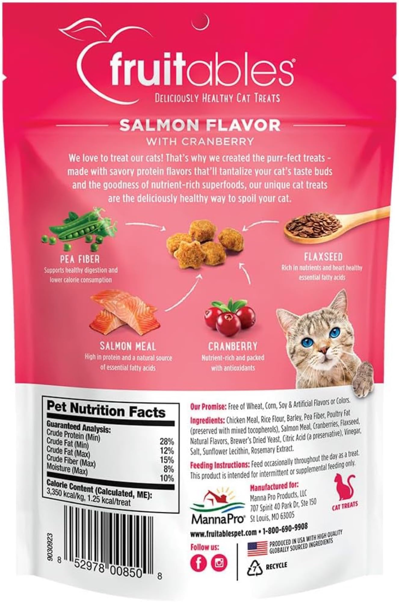 Fruitables Cat Treats, Healthy Treats For Cats, Low Calorie and Packed with Protein, Crunchy Biscuits, Free of Wheat, Corn and Soy, Made with Real Salmon and Cranberry, 2.5oz