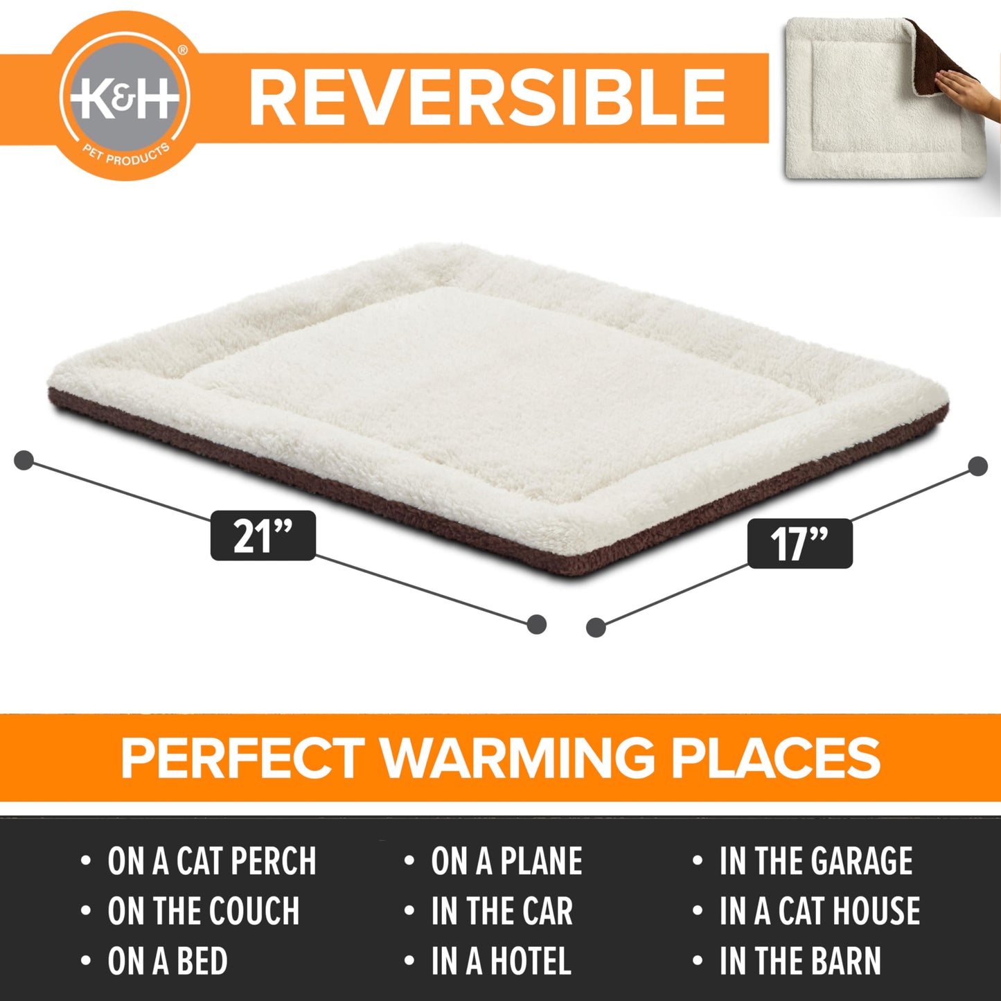 K&H PET PRODUCTS Self-Warming Cat Bed Pad, Self Heating Pad for Outdoor Cat Houses, Warming Mat for Indoor Pet Beds & Furniture, Reversible Blanket, Washable - Small 21 X 17in Oatmeal/Chocolate