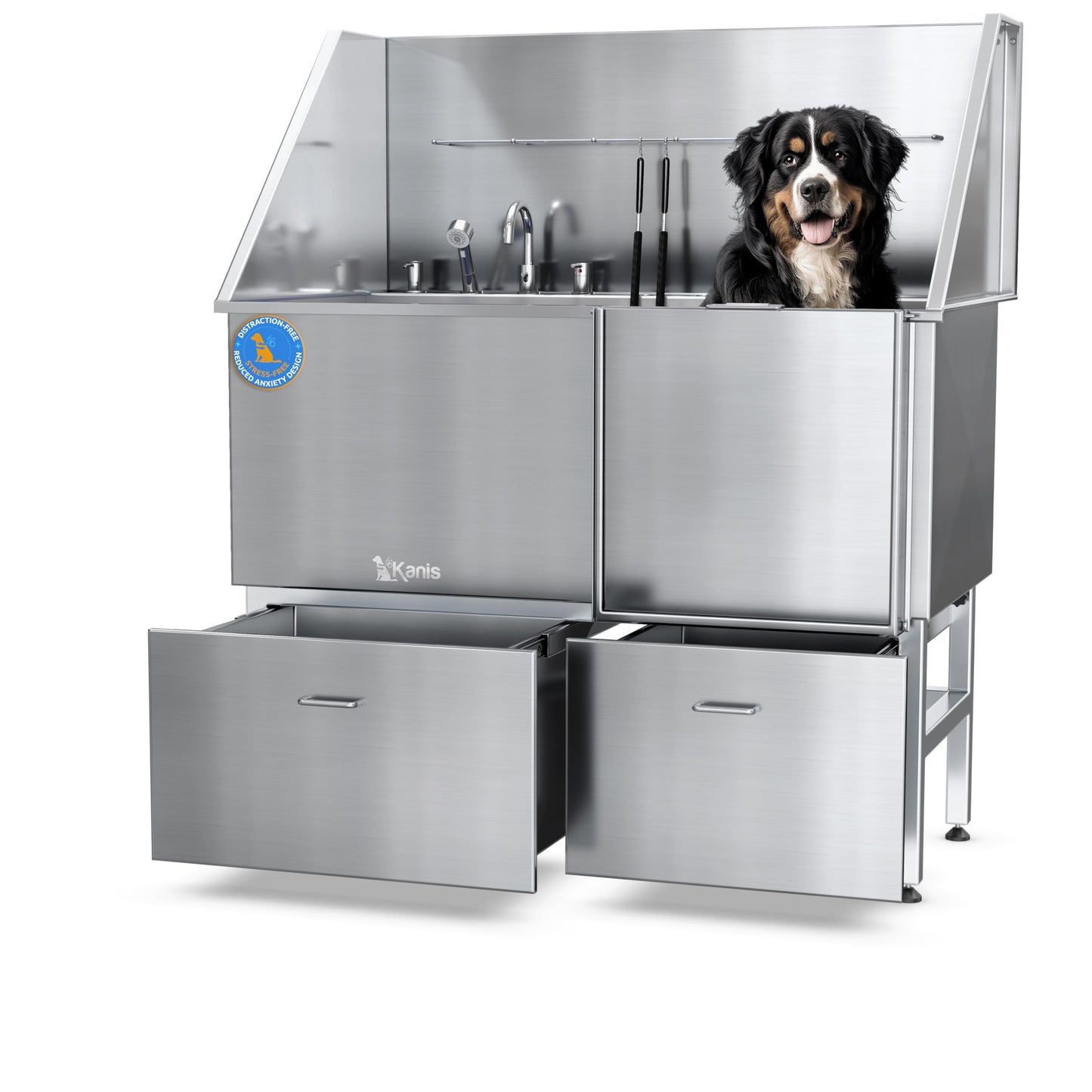 KANIS Professional Stainless Steel Dog Bathing Station - Grooming Tub w/Ramp, Storage Drawer, Floor Grate & Faucet/Dog Bathtub for Large, Medium & Small Pets (50", Left RAMP - 1 Drawer)