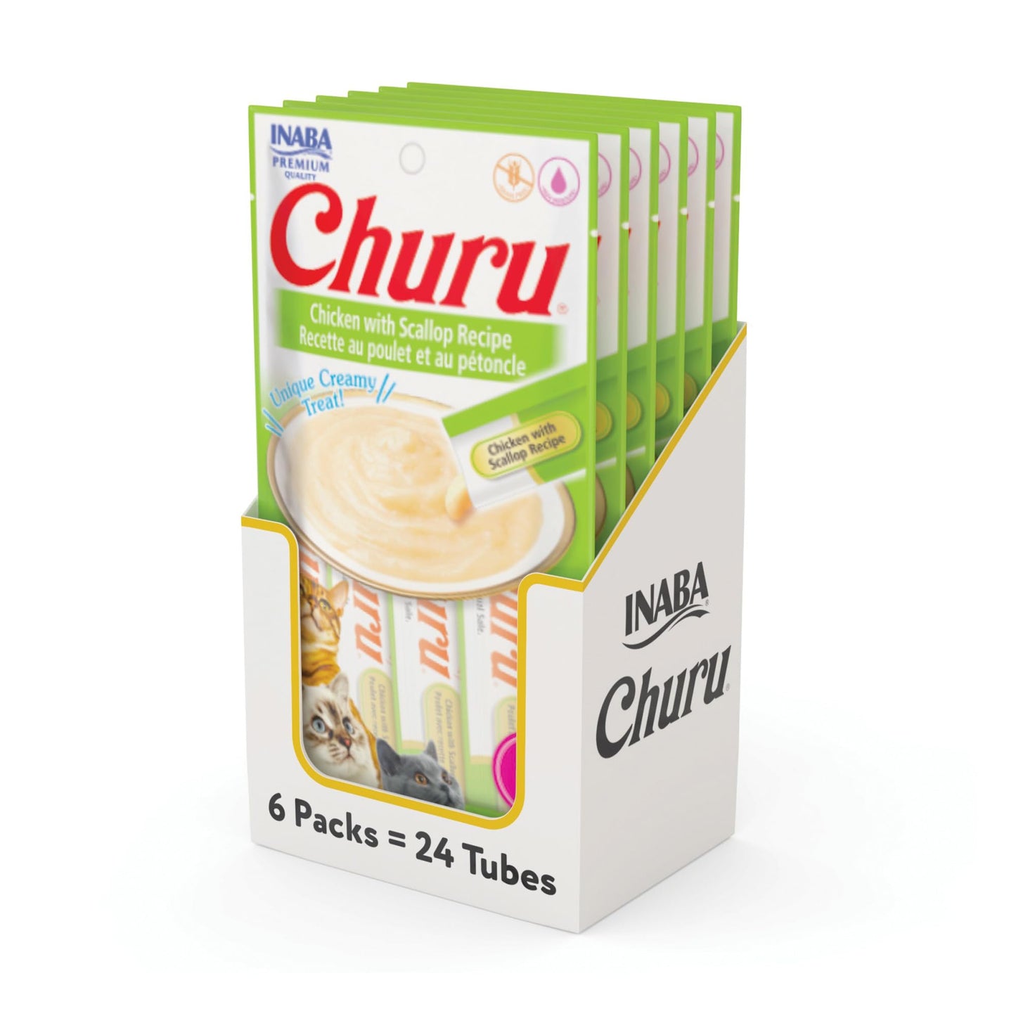 INABA Churu Cat Treats, Grain-Free, Lickable, Squeezable Creamy Purée Cat Treat/Topper with Vitamin E & Taurine, 0.5 Ounces Each Tube, 24 Tubes (4 per Pack), Chicken with Scallop Recipe