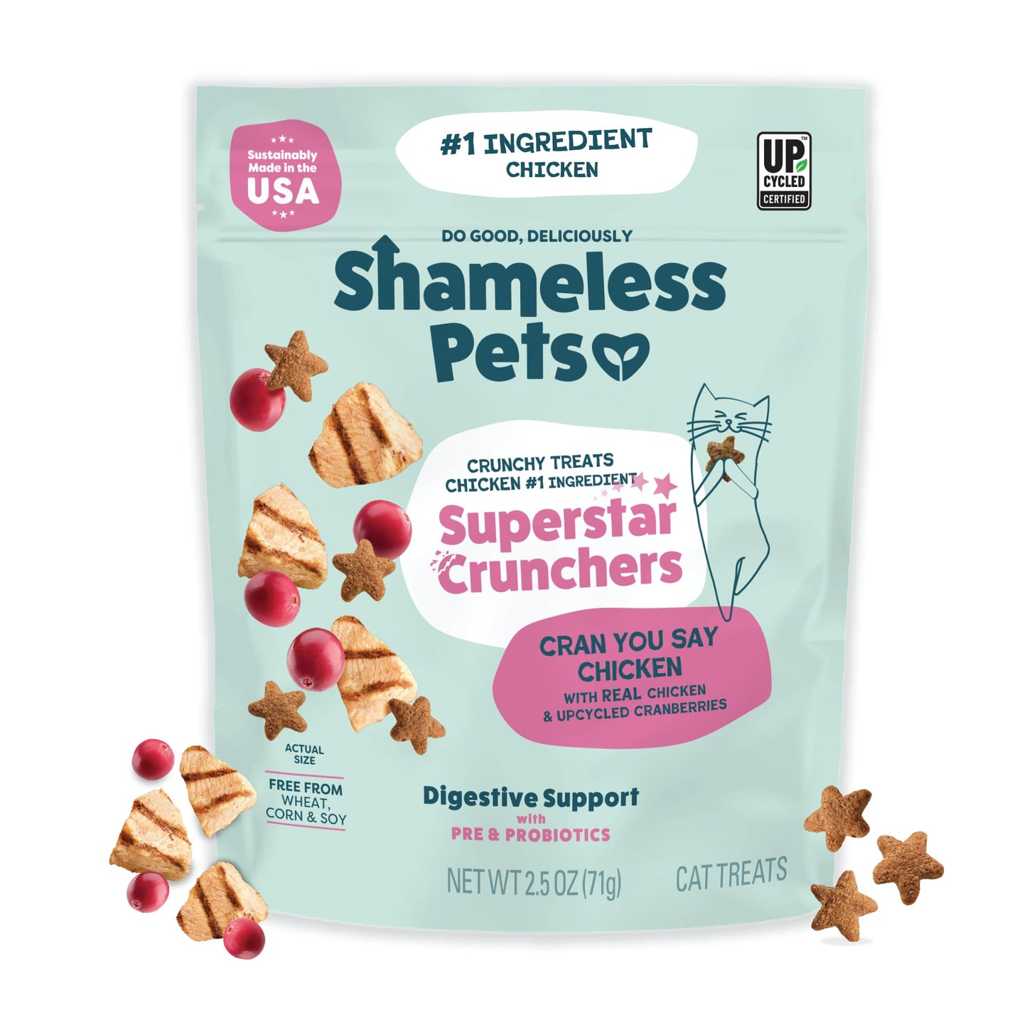 Shameless Pets Crunchy Cat Treats - Kitty Treats for Cats with Digestive Support, Natural Kitten Treats with Real Chicken, Healthy Flavored Feline Snacks - Cran You Say Chicken, 1-Pk