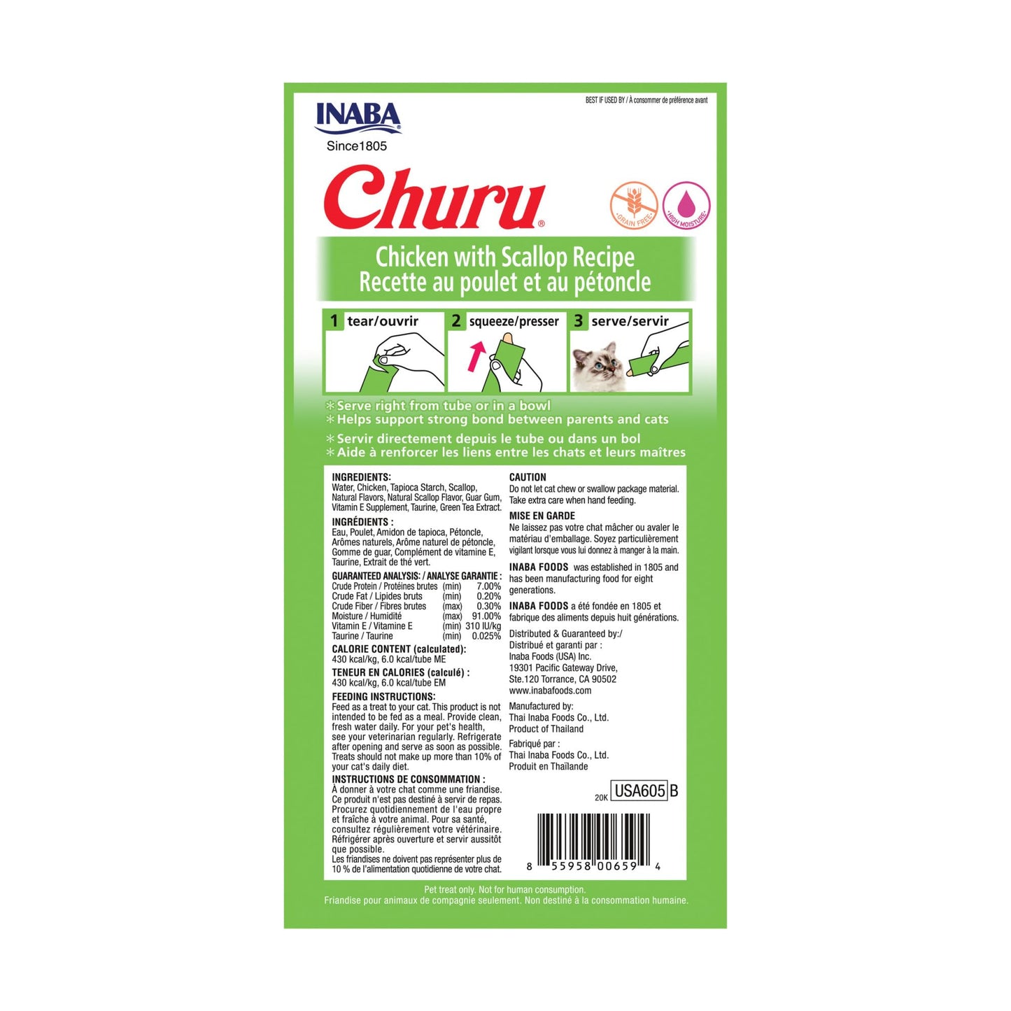 INABA Churu Cat Treats, Grain-Free, Lickable, Squeezable Creamy Purée Cat Treat/Topper with Vitamin E & Taurine, 0.5 Ounces Each Tube, 24 Tubes (4 per Pack), Chicken with Scallop Recipe