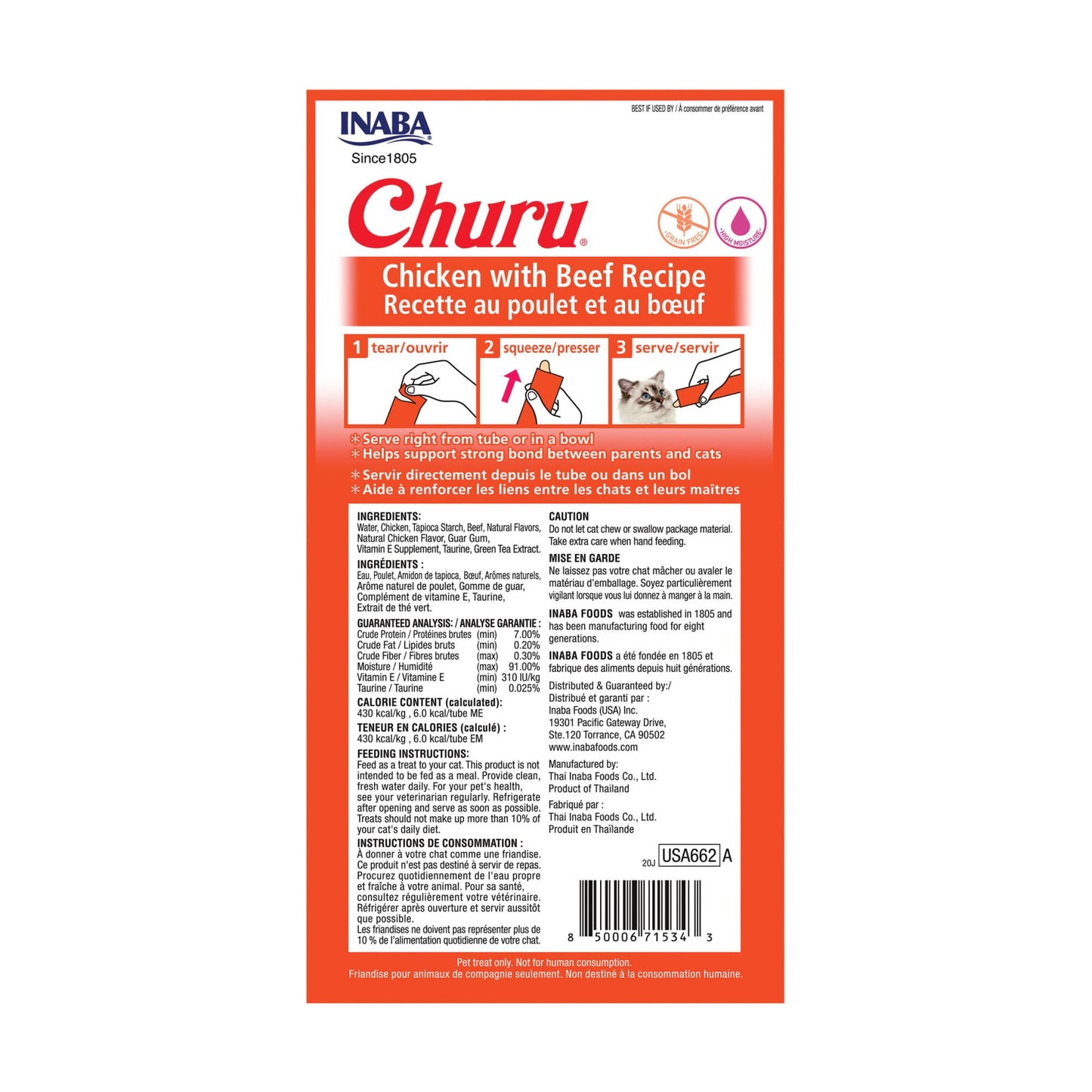 INABA Churu Cat Treats, Grain-Free, Lickable, Squeezable Creamy Purée Cat Treat/Topper with Vitamin E & Taurine, 0.5 Ounces Each Tube, 24 Tubes (4 per Pack), Chicken with Beef Recipe