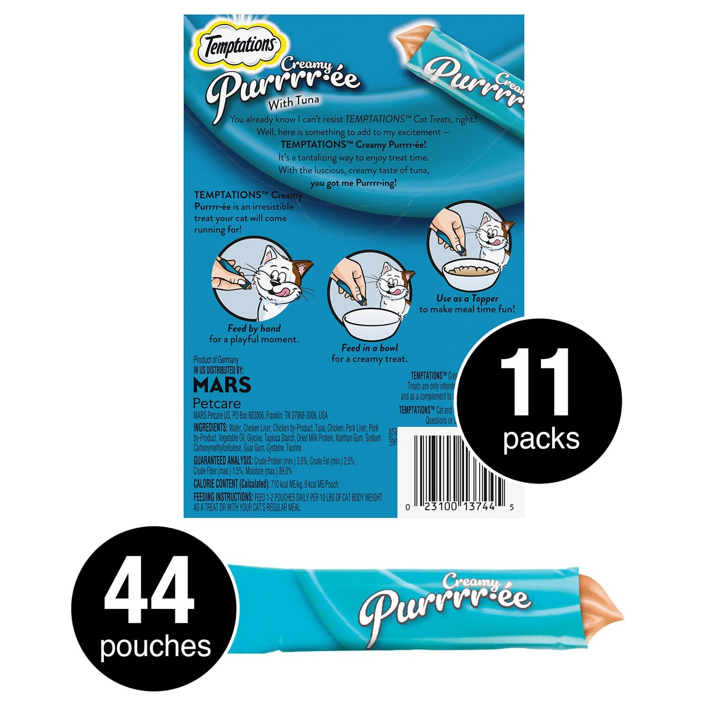 Temptations Creamy Puree with Tuna Lickable, Squeezable Cat Treats, 0.42 Oz Pouches, 4 Count (Pack of 11) - Total 44 Count