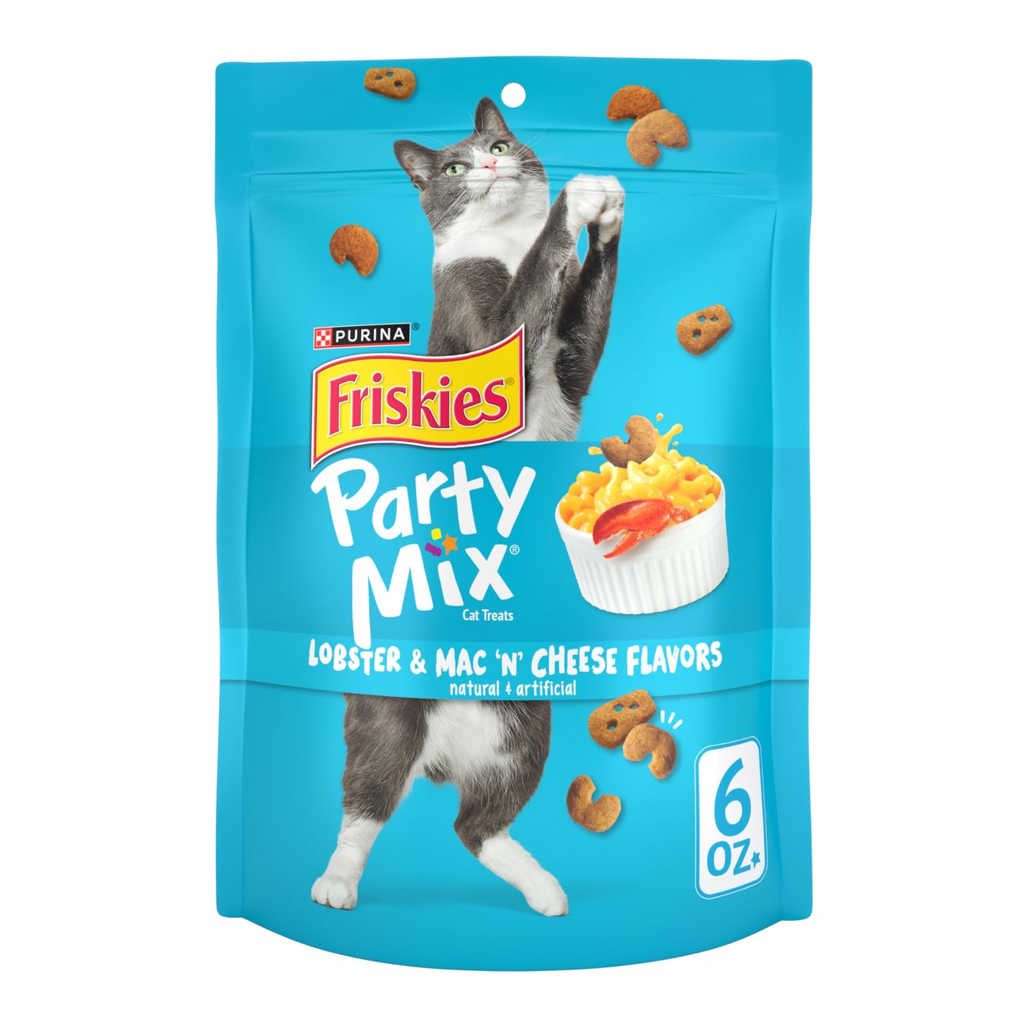 Purina Friskies Cat Treats, Party Mix Lobster & Mac 'N' Cheese Flavors - (Pack of 6) 6 oz. Pouches
