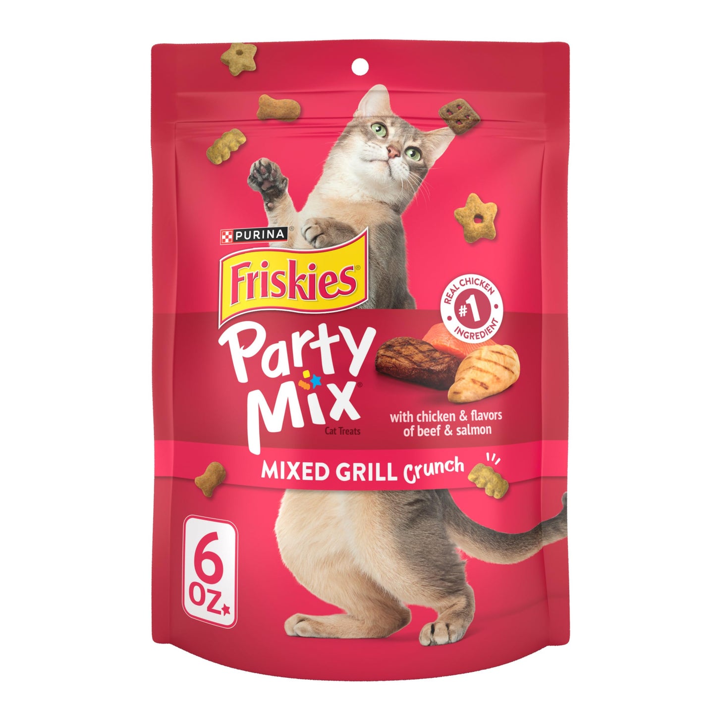 Purina Friskies Cat Treats, Party Mix Mixed Grill Crunch - (Pack of 6) 6 oz. Pouches