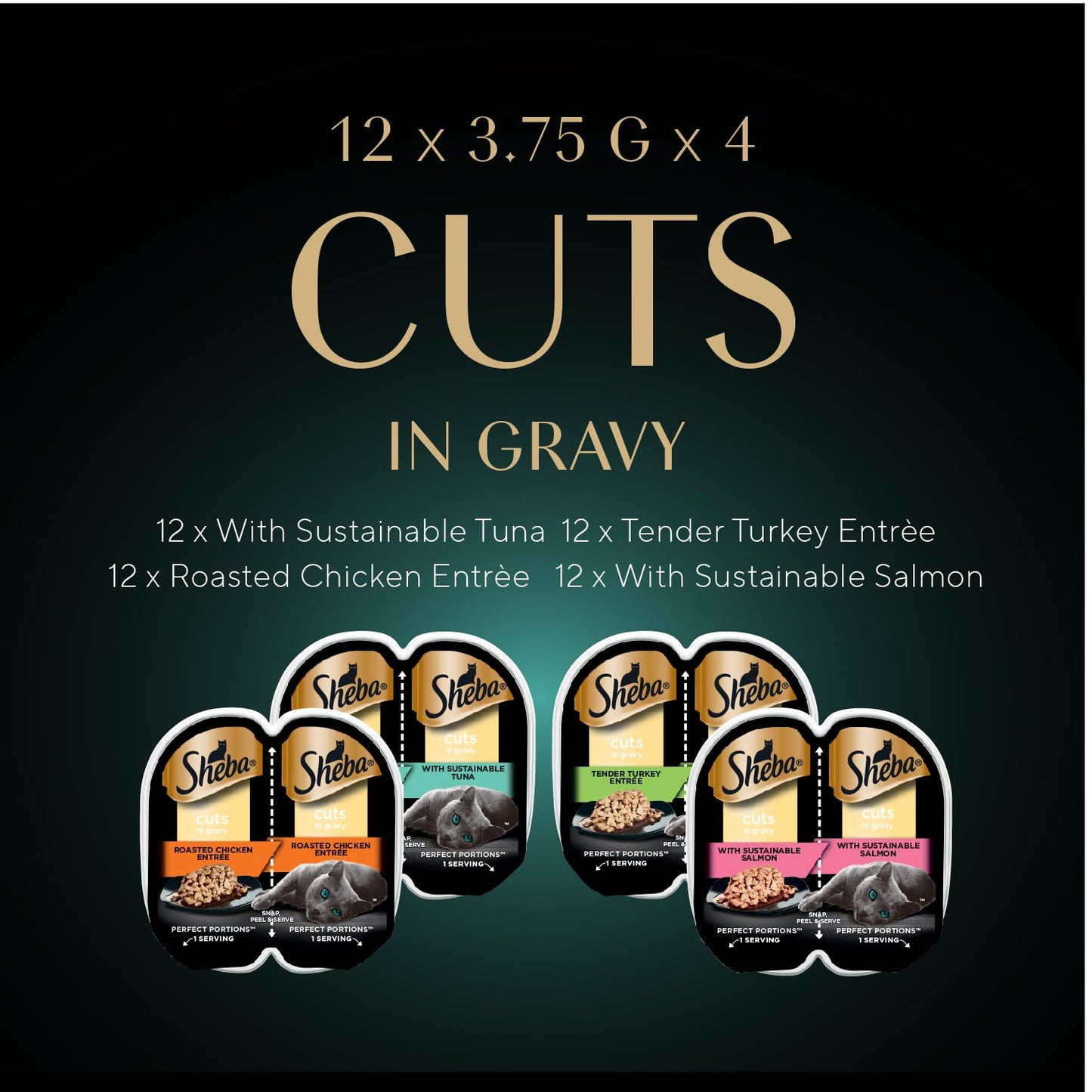 Sheba Perfect Portions Cuts in Gravy Wet Cat Food Variety Pack, Roasted Chicken Entrée, Tender Turkey Entrée, with Sustainable Salmon, and with Sustainable Tuna, 2.6 oz. Trays (48 Count, 96 Servings)