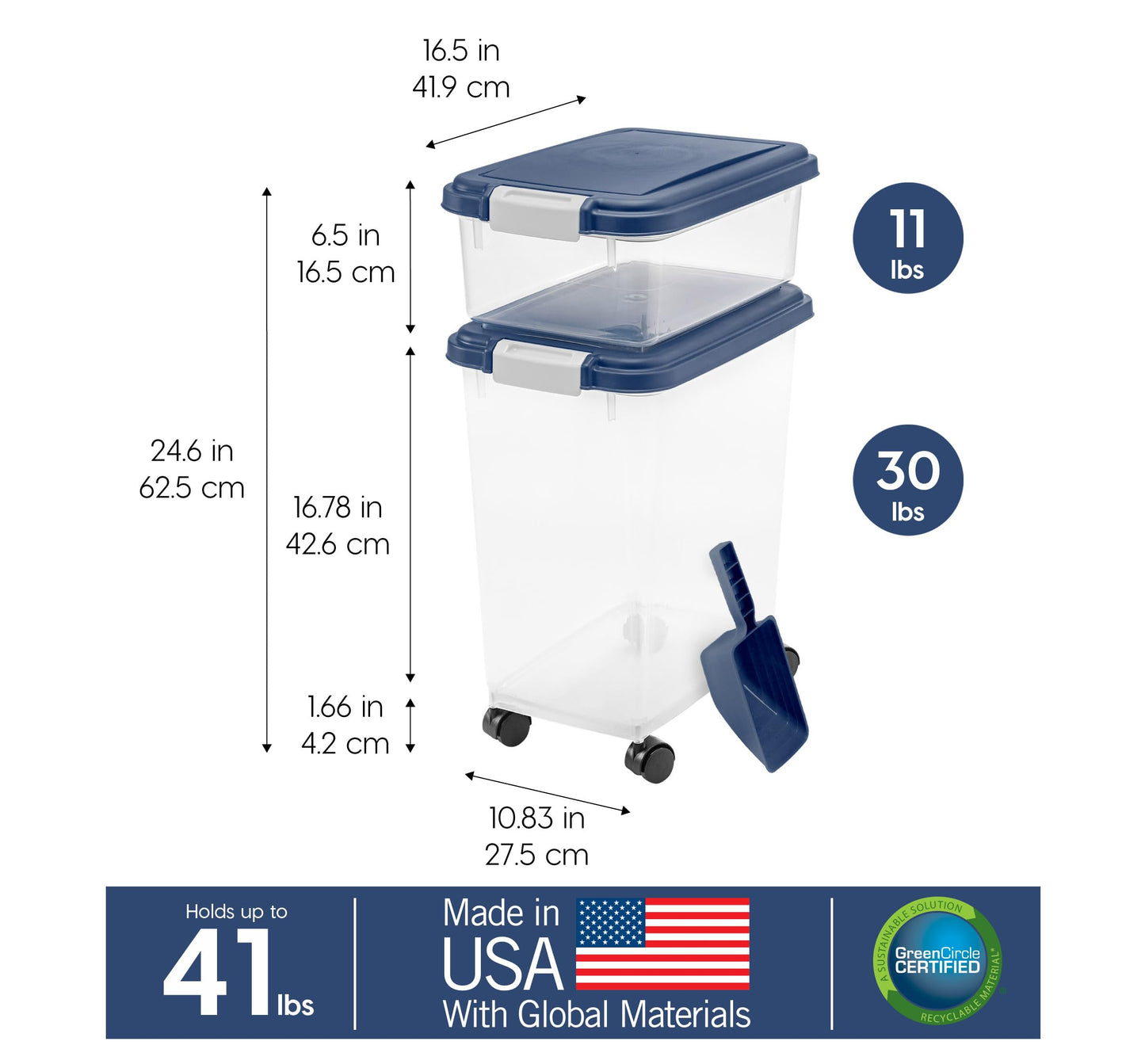 IRIS USA Dog Food Storage Container, 30 lbs & 11 lbs Combo, Cat Food Storage Container, Dog Treat Container, Airtight, Stackable, 2-Cup Scoop, Wheels, Easy Mobility, Navy