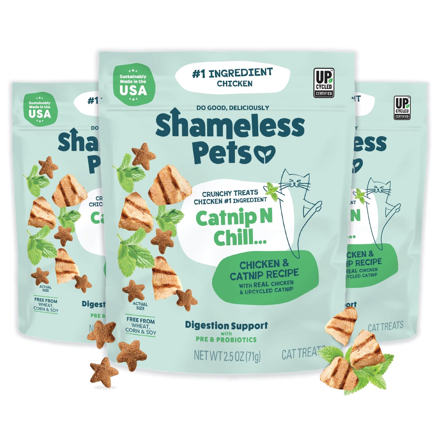 Shameless Pets Crunchy Cat Treats - Catnip Treats for Cats with Digestive Support, Natural Ingredients Kitten Treats with Real Chicken, Healthy Flavored Feline Snacks - Catnip N Chill, 3-Pk