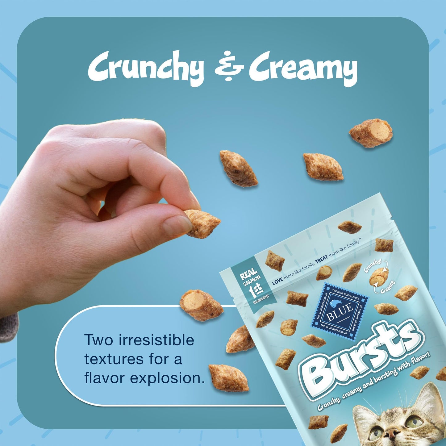 Blue Buffalo Bursts Crunchy & Creamy Cat Treats, Great for Training, Savory Seafood, 12-oz Tub