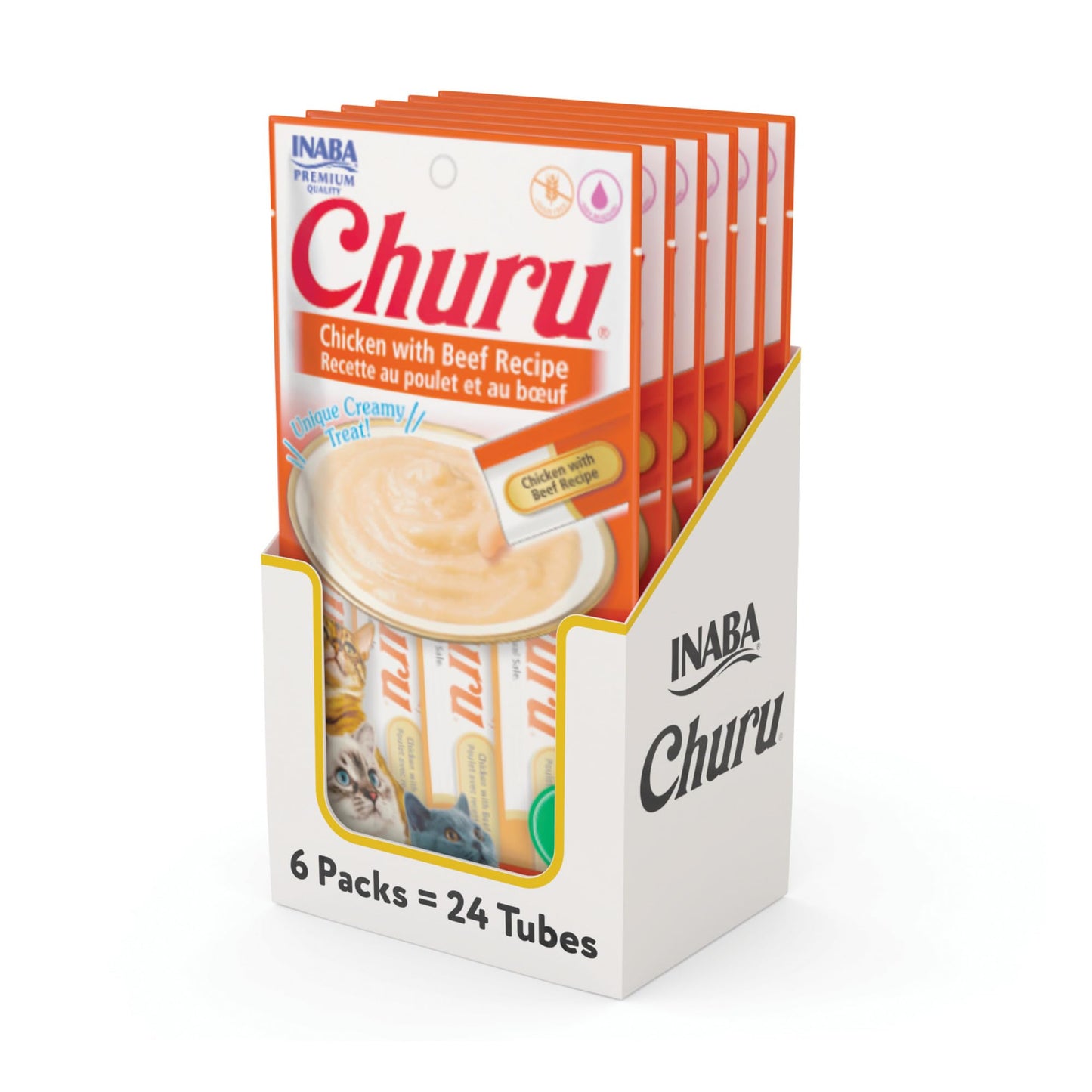 INABA Churu Cat Treats, Grain-Free, Lickable, Squeezable Creamy Purée Cat Treat/Topper with Vitamin E & Taurine, 0.5 Ounces Each Tube, 24 Tubes (4 per Pack), Chicken with Beef Recipe