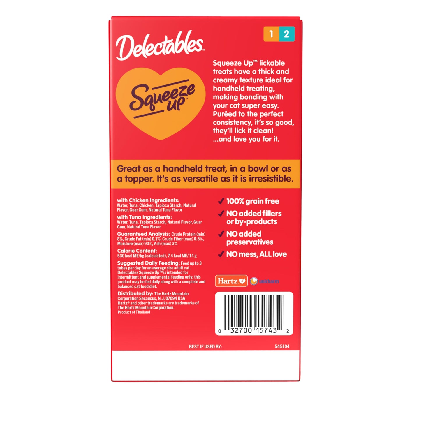 Hartz Delectables Squeeze Up Interactive Lickable Wet Cat Treats for Adult & Senior Cats, Chicken & Tuna, 10 Count,5 oz
