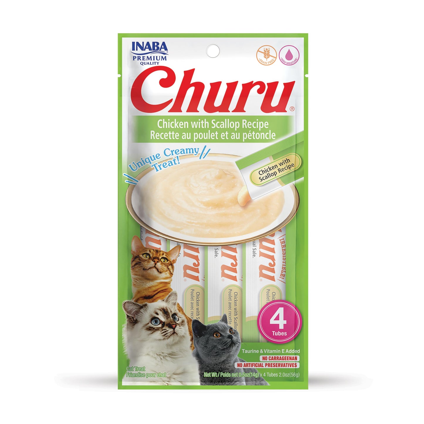 INABA Churu Cat Treats, Grain-Free, Lickable, Squeezable Creamy Purée Cat Treat/Topper with Vitamin E & Taurine, 0.5 Ounces Each Tube, 4 Tubes, Chicken with Scallop Recipe