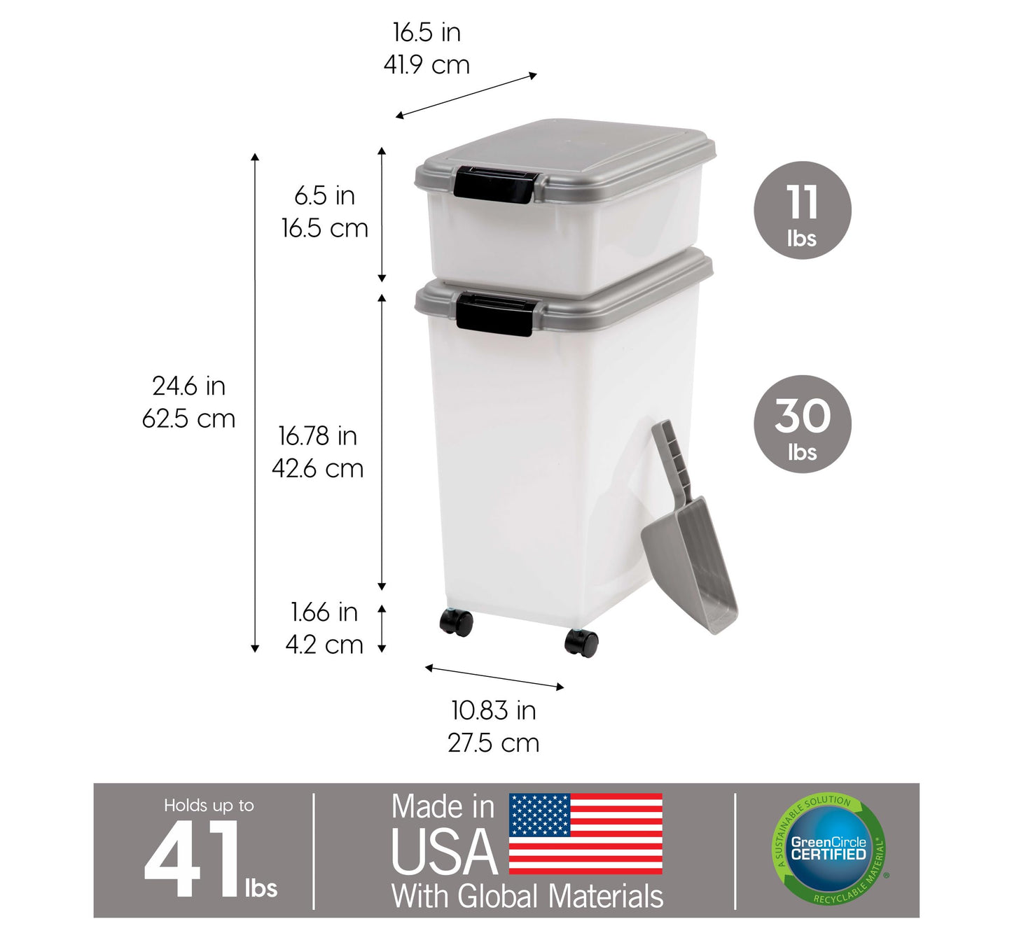 IRIS USA Dog Food Storage Container, 30 lbs & 11 lbs Combo, Cat Food Storage Container, Dog Treat Container, Airtight, Stackable, 2-Cup Scoop, Wheels, Easy Mobility, Silver