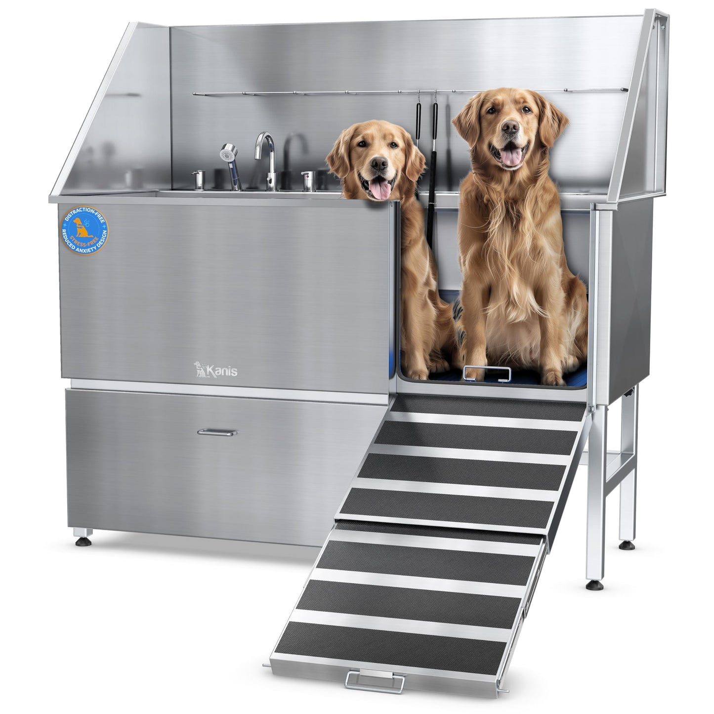 KANIS Professional Stainless Steel Dog Bathing Station - Grooming Tub w/Ramp, Storage Drawer, Floor Grate & Faucet/Dog Bathtub for Large, Medium & Small Pets (50", Left RAMP - 1 Drawer)