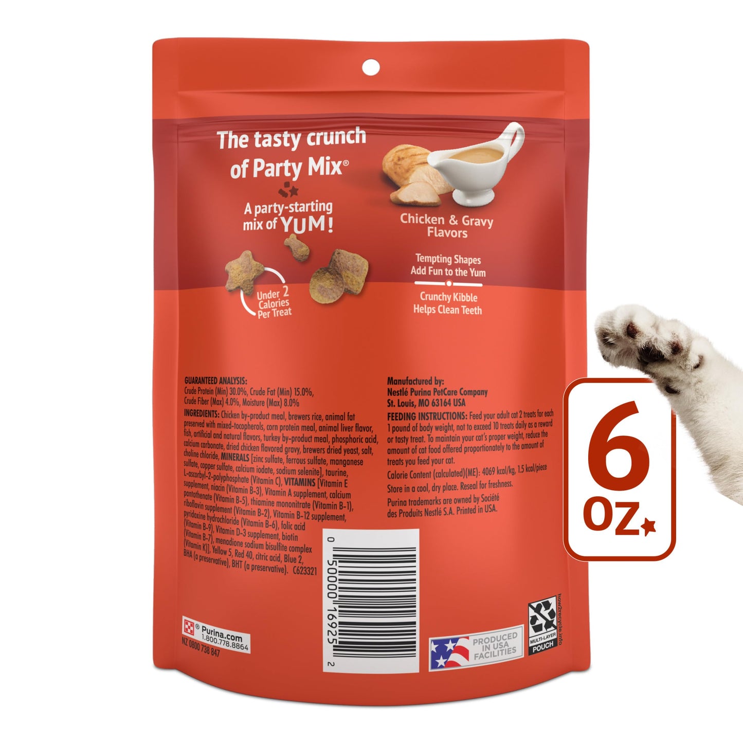 Purina Friskies Cat Treats, Party Mix Gravy-licious Crunch Chicken and Gravy Flavors - (Pack of 6) 6 oz. Pouches