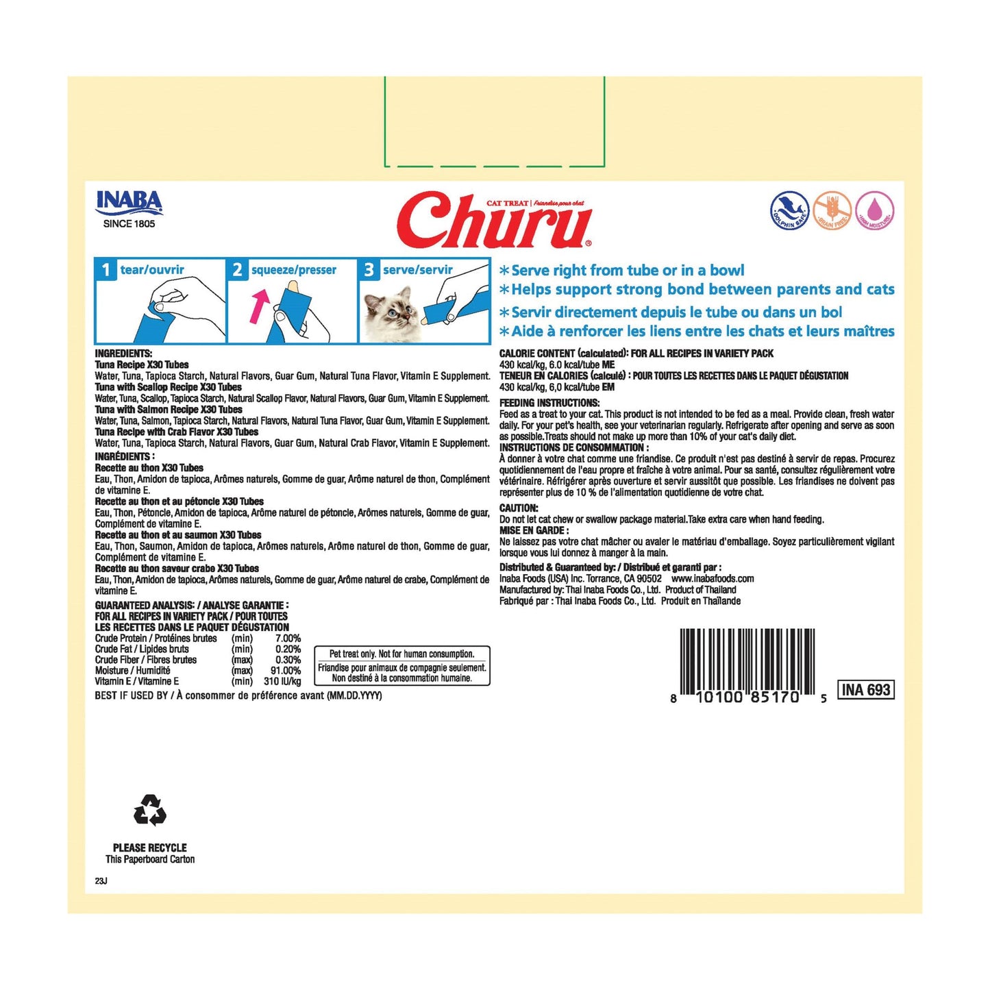 INABA Churu Cat Treats, Lickable, Squeezable Creamy Purée with Vitamin E, 0.5 Ounces per Tube, 120 Tubes Total, Tuna Variety