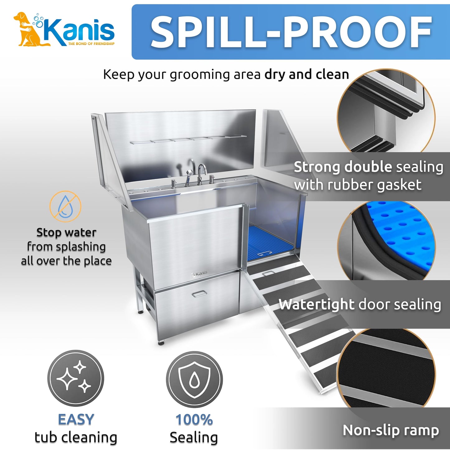 KANIS Professional Stainless Steel Dog Bathing Station - Grooming Tub w/Ramp, Storage Drawer, Floor Grate & Faucet/Dog Bathtub for Large, Medium & Small Pets (50", Left RAMP - 1 Drawer)