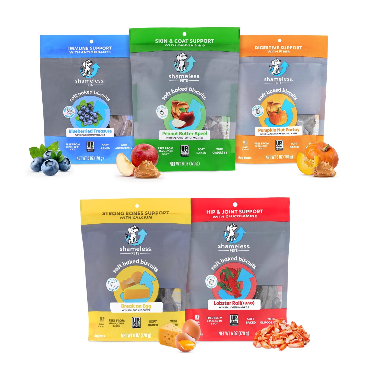 SHAMELESS PETS Soft-Baked Dog Treats, 6oz (Variety Pack, 5-Pk) | Clean, Natural, Grain-Free Dog Biscuits | Promotes Wellness in All Dogs | Made w/Upcycled Ingredients in USA