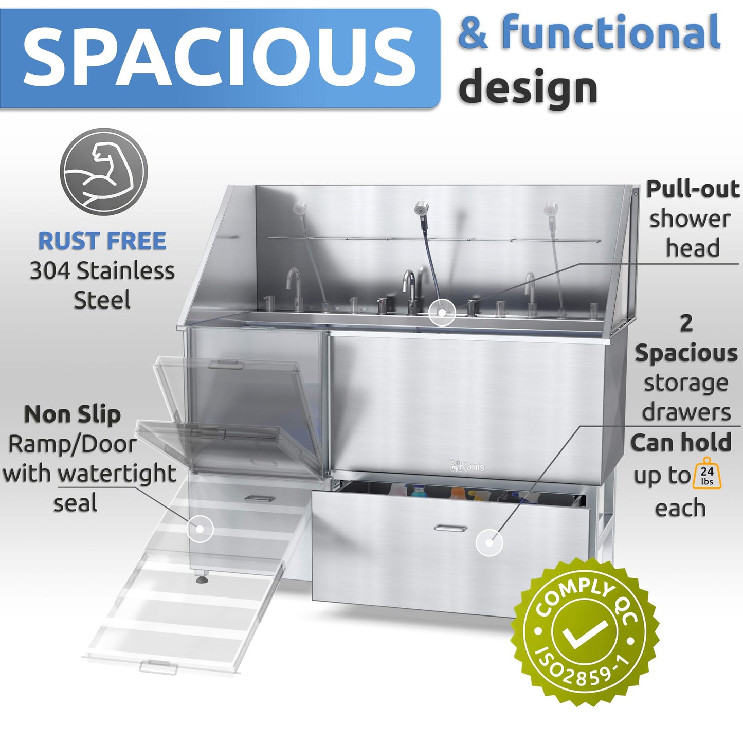 KANIS Professional Stainless Steel Dog Bathing Station - Grooming Tub w/Ramp, Storage Drawer, Floor Grate & Faucet/Dog Bathtub for Large, Medium & Small Pets (50", Left RAMP - 1 Drawer)