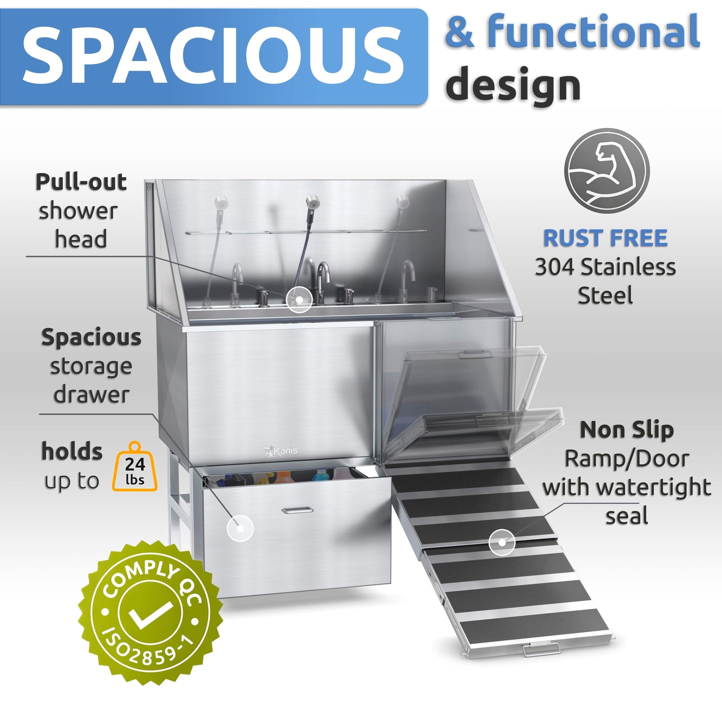 KANIS Professional Stainless Steel Dog Bathing Station - Grooming Tub w/Ramp, Storage Drawer, Floor Grate & Faucet/Dog Bathtub for Large, Medium & Small Pets (50", Left RAMP - 1 Drawer)