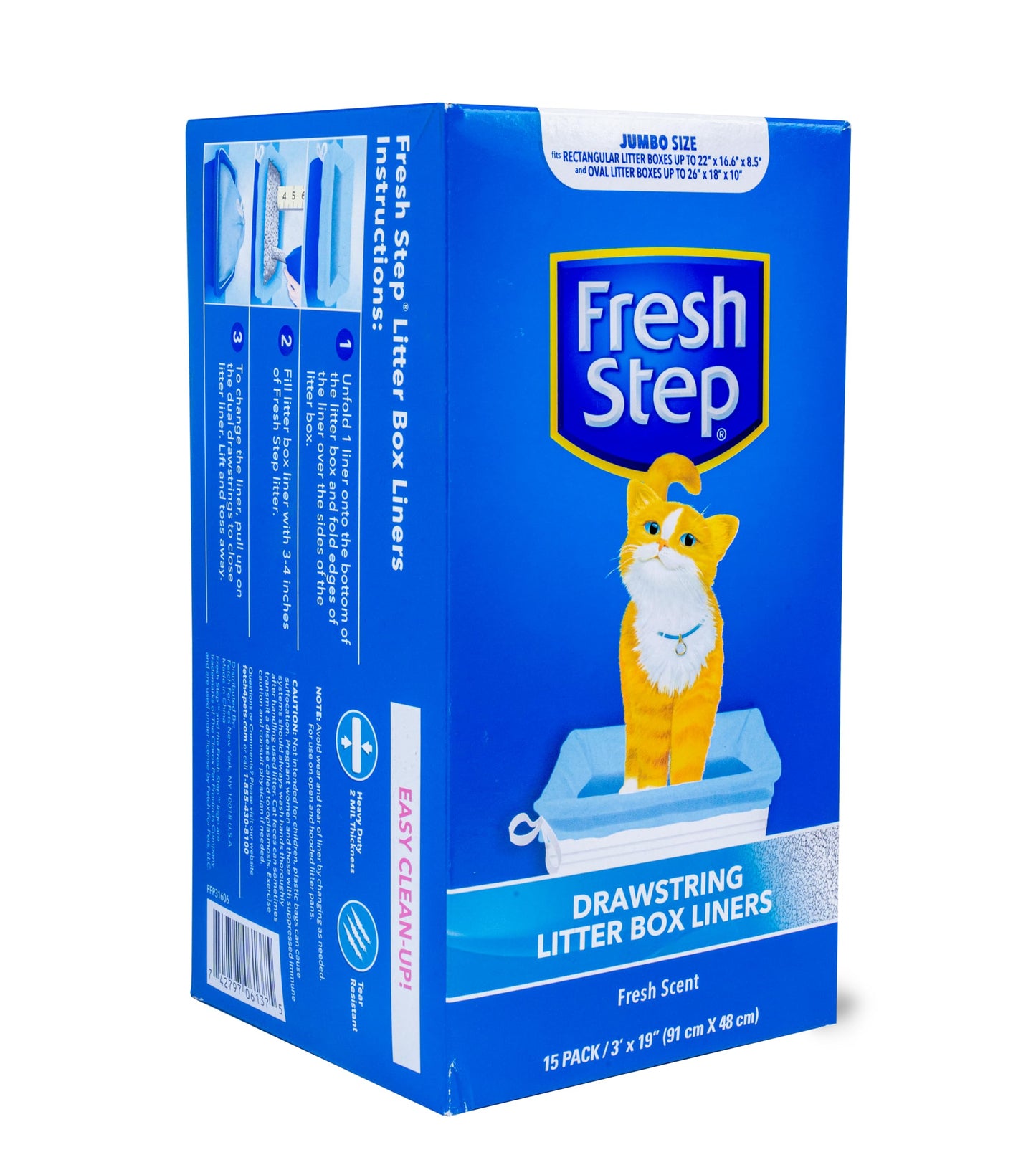Fresh Step Drawstring Cat Litter Box Liners, Fresh Scent, Size Jumbo, 36" x 19" | Kitty Litter Bags - 15 Count - Cat Litter Liners for Rectangle or Oval Large Litterboxes